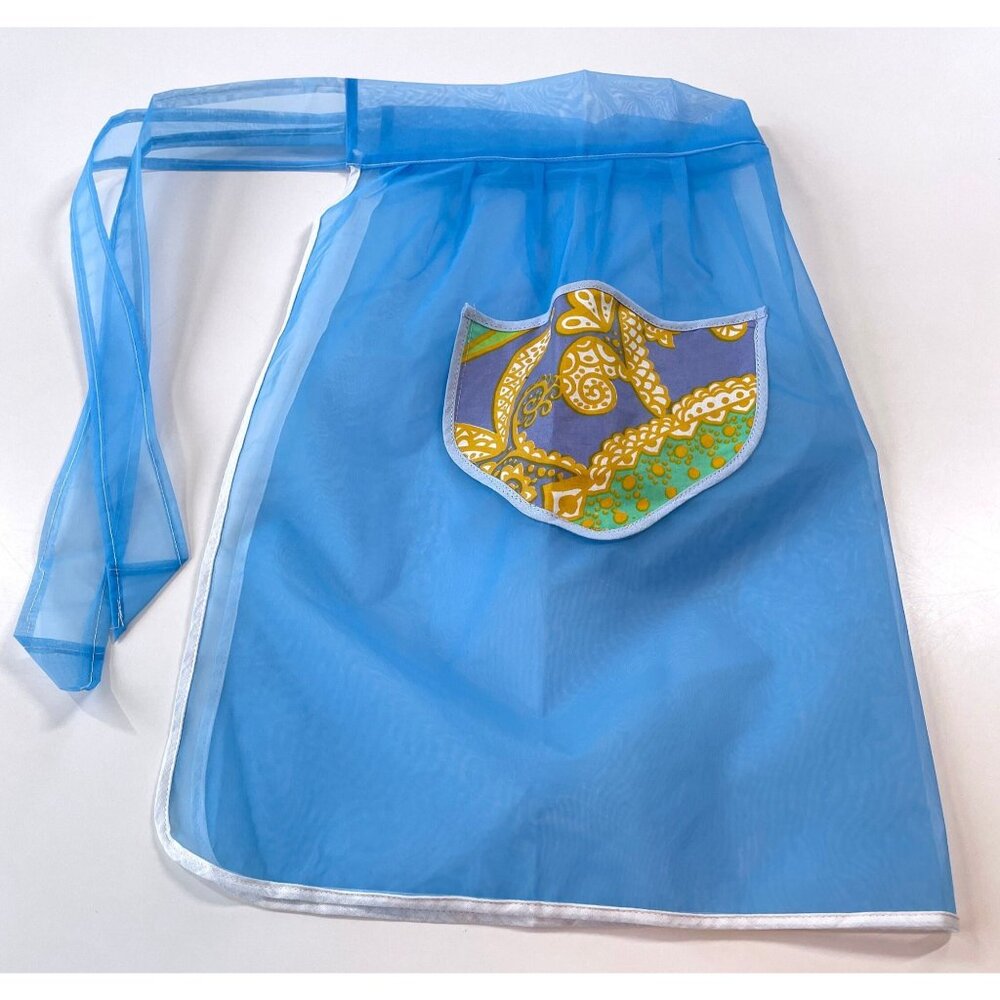 Vintage 60s half apron, Mid century housewife blue chiffon apron, cottage core,